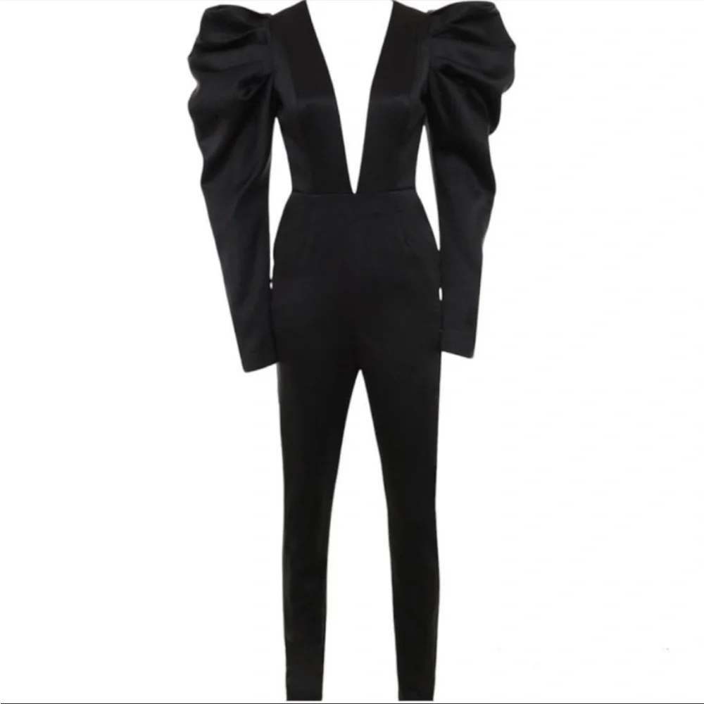 House of CB ‘Escalia’ Black Stretch Satin Jumpsuit NWOT - Picture 4 of 9